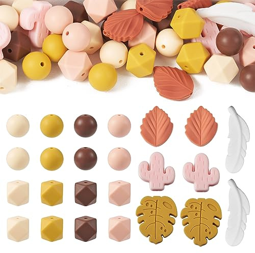 Beethoven - Lot de 54 perles rondes en silicone - Motif feuilles de cactus, plumes - Perles intercalaires octogonales - Pour fabrication de bracelets et bijoux