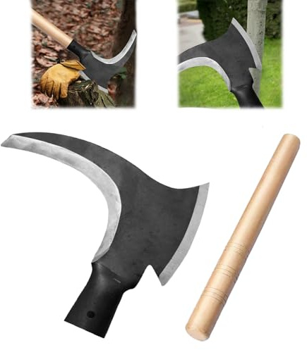 Elegital 1 Pcs High Manganese Steel Double Scythe,Steel Grass Sickle,Agricultural Hand-Motor Weeding,Thickness 2.8mm with 1 Pcs Wooden Stick,Weeding Scythe Sickle for Outdoor Mowing Grass