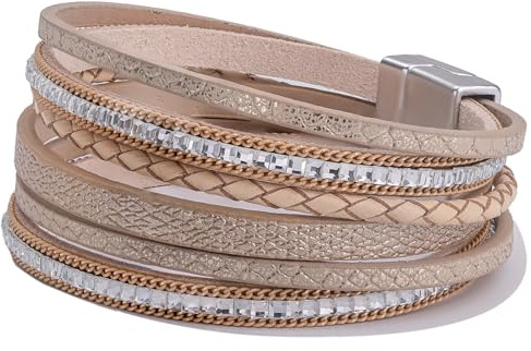 FANCY SHINY Boho Leather Wrap Bracelets Trendy Layered Bracelets with Magnetic Clasp Strackable Bohemian Cuff Jewelry Gifts for Women(Cream)