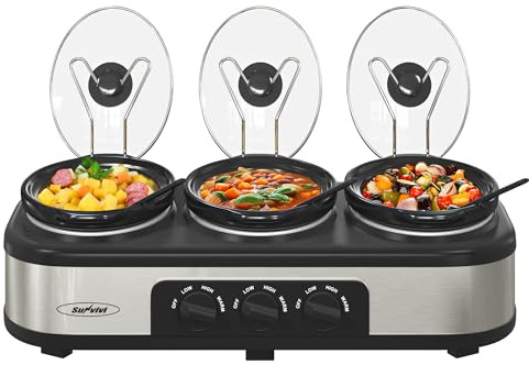 Sunvivi Triple Slow Cooker Buffet Server with 10 Cooking Liners, Adjustable Temperature Settings, for Parties, Holidays and Entertaining, Dishwasher Safe, 3 * 1.5 Quarts Silver
