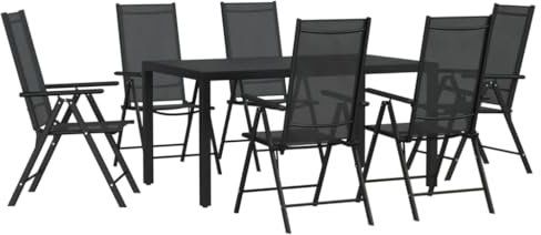 vidaXL Garten Essgruppe 7-TLG., Gartenmöbel Set Tisch 6 Stühle Verstellbar Klappbar, Sitzgruppe für Garten Terrasse, Gartengarnitur, Schwarz Aluminium