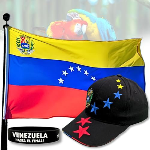 Bandera de Venezuela 7 Estrellas Histórica 1954–2006 Contiene: 1 Bandera Venezuela 7 Estrellas + 1 Gorra Negra Talla S + 1 Pulsera “HASTA EL FINAL” + Bolsa de Algodón y Postal (Negro Kit S)