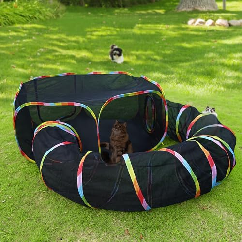Outdoor Cat Tunnel & Play Tent, Rainbow Coloured Black Nylon Scratch-resistant Material, Mesh Enclosure with Tunnel for Cats play and Rest outdoor, also suitable for puppies, other small pets