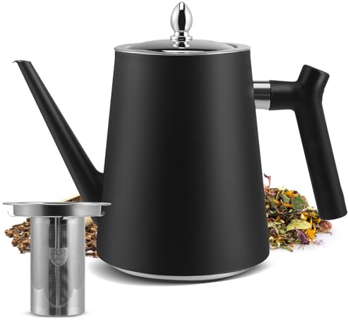 Théière en Acier Inoxydable avec Infuseur, 1.5L Noire avec Poignée Résistante à la Chaleur pour Herbes Fruitières et thé à Infusion, Double Paroi Isolée en Acier Inoxydable