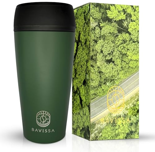 BAVISSA 360° Travel Mug, 400 ml, Leakproof, Double Walled (Khaki Green) | Thermal reusable mug for hot and cold drinks, Car cup holder friendly, Leakproof lid for everyday use