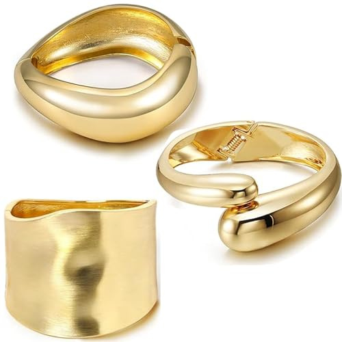 OXWIND Chunky Gold Bracelet - 3pcs Gold Cuff Bangles for Women Trendy Cuff Bracelets Wide Thick Gold Bangles Non Tarnish Jewelry, 3 Packs (Gold)