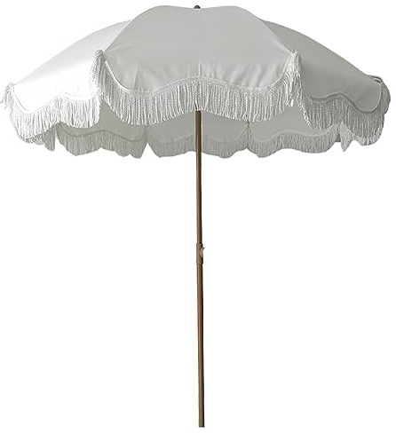 Parasol de plage vintage avec pompons, parasol de terrasse réglable, parasol de jardin décoratif, parasol de jardin avec fonction d'inclinaison, pas de base nécessaire, blanc, parfait pour la