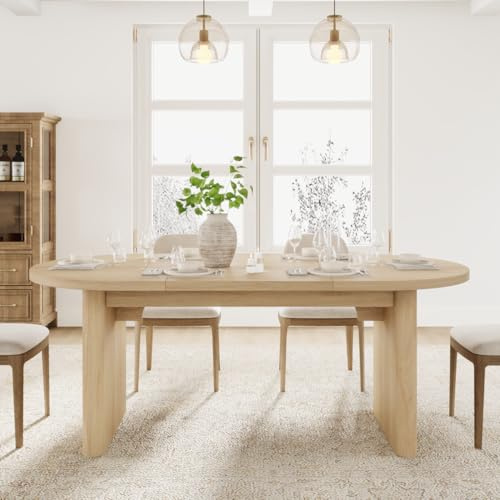 GarveeHome Oval Dining Table for 6-8 People, Long Large Kitchen Table with Thick Sturdy Wooden Base, Farmhouse Dining Room Table for for Kitchen, Living Room, Office (70.87 Long,Natural)