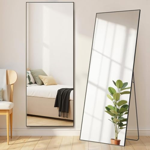 Aidoly Mirror Full Length, Upgraded 21x64 Body Wall Mirrors with Shatter-Proof Glass, Floor Standing, Hanging or Leaning, Tall Mirror with Stand Aluminum Alloy Frame for Bedroom, Black