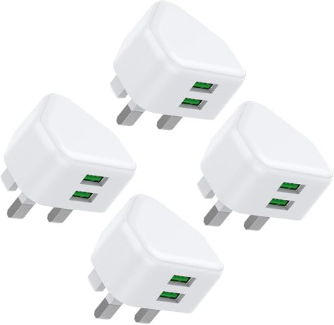USB Plug, Dual USB Charger Plug UK 4Pack Phone Plugs with USB Port Double Compact 3 Pin Mains Charge Head 10.5W 5V 2.1AMP Charging Compatible with iPhone Apple 14 13 12 11 SE XS XR X 8 7 6 5 iPad