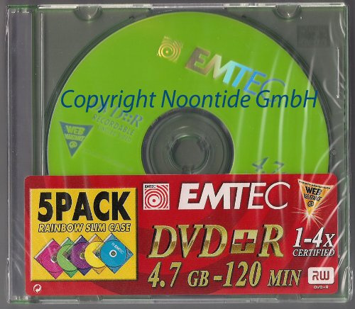 Emtec Confezione da 5 custodie sottili per DVD+R 4,7 GB, 120 min, 1-4x, colore arcobaleno