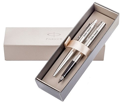 PARKER Ballpoint Pen & Fountain Pen Jotter with Gift Box - Laser Engraved FREE with your text or name, Ideal for Anniversary, Christmas, Wedding, Birthday or Gift, Perfect for Men or Women - SILVER