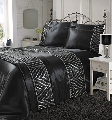Artistic Fashionista Luxurious Silk Polyester SHIMMER Design Duvet Quilt Cover Bedding Set With Pillowcases - Bed Runner Available And Sold Separately! (Black, Super King Size Duvet Cover Set)