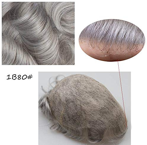 Hairnotion Parrucchino Uomo Ricci Merletto SvizzeroTraspirante Naturale 8x10 Pollici Parrucche Uomo Capelli Veri grigi 1b80#