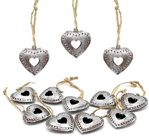 LB H&F 12er Set Dekohänger Herzhänger Vintage Dekoherzen Herz Metall Silber Nostalgie PO LO