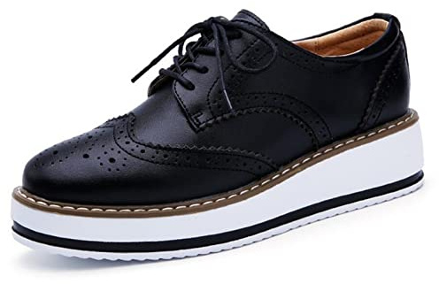 DADAWEN Women's Platform Lace-Up Wingtips Square Toe Oxfords Shoe Black Leather US Size 10/Asia Size 43/26.5cm