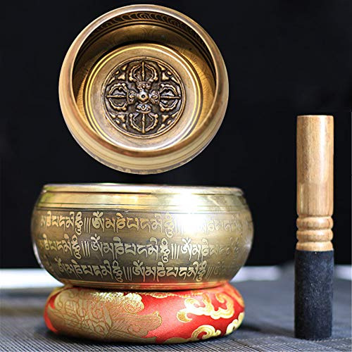 Gandhanra Klassisches tibetisches Klangschalen-Set, geschnitzter Vajra und Mantra, handgefertigt in Nepal für Klangheilung, Meditation, Yoga, Entspannung