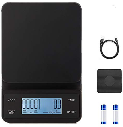 3T6B Elektronische Kaffeewaage, 3 kg/0.1 g Hochpräzise Küchenbackwaage, Tara Fuction Food Scale mit Rutschfester Matte und LCD-Timer (Weißlicht, USB-Aufladung)