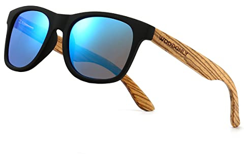 WOODONLY Occhiali da Sole Polarizzati in Legno Retrò - Montatura in Legno con Finitura Opaca in Stile Moderno per Uomo e Donna Regali Perfetti (Blu, Zebra)