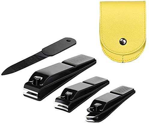 4 Stück Nagelknipser Ultra Scharf Robust Edelstahl Schwarz Nagelknipser Nagelknipser Nagelknipser und Feile mit Lederreisetasche (Schwarz und Gelb Tasche)