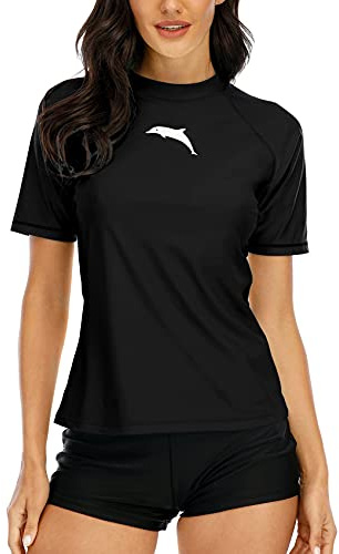 Halcurt UV Shirt Damen Rash Guard Kurzarm UPF 50+ Schnell Trocknender S-XXL | Sonnenschutz Schwimmshirt, Atmungsaktiv, Nur Schwimmoberteil, Raglan Ärmel