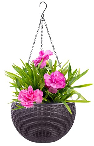 Vencer 11 Inch Round Resin Rattan Hanging Planters,Self Watering Hanging Basket for Indoor Outdoor Plants,Hanging Flower Pots with Drain Hole and Metal Chain,Water Indicator,Coffee,VF-A15-C