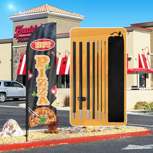 QSUM Pizza-Federflagge,8FT Pizza-Werbe-Swooper-Flagge mit Stangen-Set, Erdspieß,Pizza-Schilder für Unternehmen und Schaufenster(schwarz)