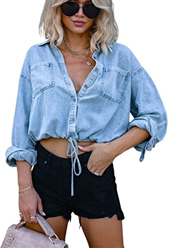 Kwoki Women's Cropped Denim Shirt Roll Up 3/4 Sleeve Casual Loose Crop Tops Drawstring Hem Button Front Jean Jacket(0797-Light Blue-L)