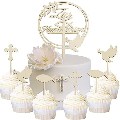 HOWAF 7 Cake Topper Kommunion Tortendeko, Fische Cupcake Topper Holz kuchendeko für Tischdeko Kommunion Deko, Erstkommunion Kuchendeko