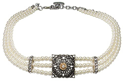 Alpenflüstern Trachten-Perlen-Kropfkette Anabelle - elegante Trachtenkette - nostalgischer Damen-Trachtenschmuck, filigrane Dirndlkette (creme-weiß) DHK316