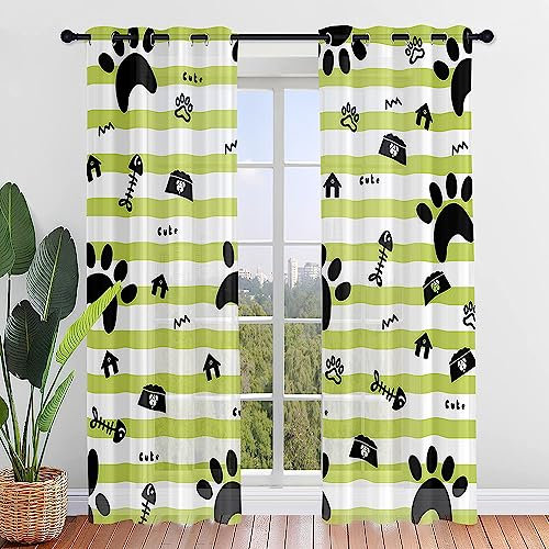 Hiseng Voile Vorhänge mit Ösen Durchsichtig Halbtransparent Ösenvorhang für Fenster Wohnzimmer Schlafzimmer Fußabdruck Moderne und Elegante Transparent Gardine 2er Set (132x244cm,Grün)