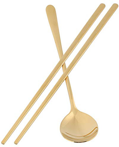 304 Stainless Steel Spoon and Chopsticks, Flat Long Handle Chopsticks and Spoon Set, Korean Tableware Set with Gift Box for Home Kitchen, Restaurant(Gold)