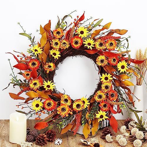 50,8 cm künstlicher Herbst-Blumenkranz, orangefarbenes Gänseblümchen, Herbstkranz, Wildblumenkranz für Haustür, Wand, Fenster, Bauernhaus, Innen- und Außenbereich, Dekoration, Erntedankfest, Ernte,