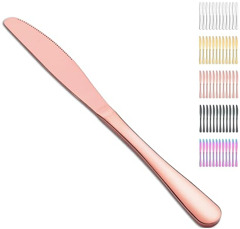 Evanda Rose Gold Dinner Knives Set - 12 Pieces Titanium Plating Stainless Steel Steak Knife Set, Table Flatware Cutlery, Butter Knife, Dishwasher Safe