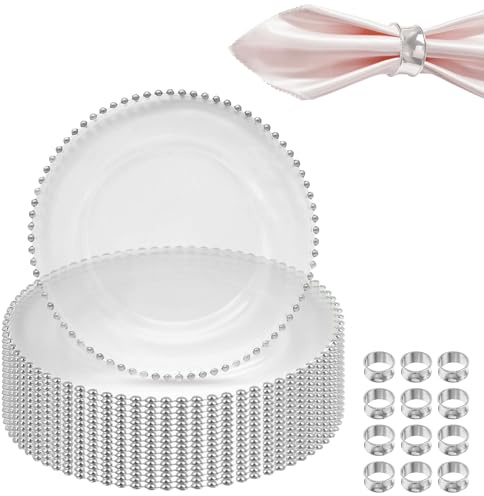 WedDecor 13 Inch Silver Beads Glass Charger Plates Set of 12 with Hammered Design Napkin Rings – Elegant Servingware for Weddings, Parties, and Table Decoration | Presentation of Elegant Plates and Napkin Rings Set for Wedding, Thanksgiving , Dinner Party, Event and Table Decoration