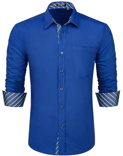 HISDERN Men's Long Sleeve Formal Plain Dress Shirt Casual Non Iron Business Classic Shirt with Pocket Royal Blue M