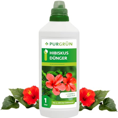 Purgrün® Hibiskus-Dünger 1 Liter – Organisch-mineralische Rezeptur – Premium-Flüssigdünger mit Spurennährstoffen – NPK 8+8+6 – Mit Guano & Aqua Plus – Prächtige Blüten & gesundes Wachstum