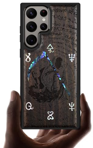 Carveit Handcrafted Case for Galaxy S24 Ultra (The Grim Reaper-Black) | Samsung Galaxy S24 Ultra Case - Compatible with MagSafe Wireless charger - Wood Engraved Shell Inlaid - TPU Shockproof Bumper