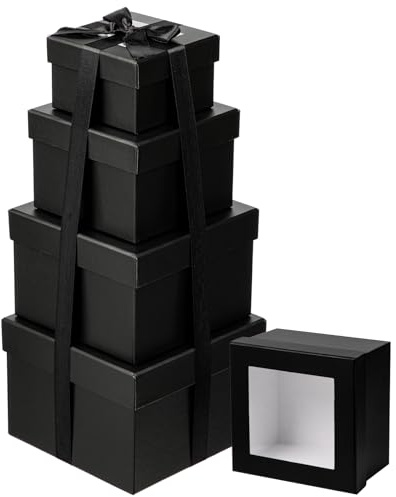 Briful 4er Set Geschenkbox Quadratische Schachtel mit Sichtfenster Aufbewahrungsbox mit Deckel Pappschachteln Schwarzer Geschenkkarton für Geschenke Verpackung