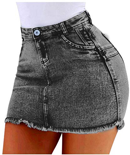 Rifuli Denim Skirts for Women Mini Highwaist Fringed Eng A Line Ladies Jeans Denim Skirts (Grey, S)