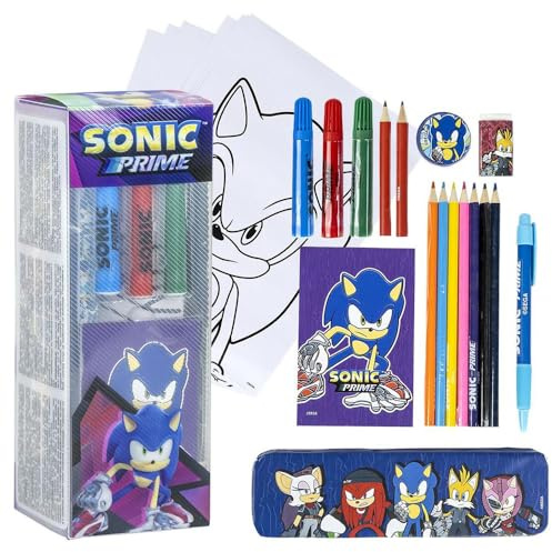 Schreibwaren-Set inspiriert von Sonic Prime - Farbe Blau - 11 x 24 x 9,5 cm - enthält alles, was Sie zum Ausmalen brauchen - Originalprodukt in Spanien entworfen