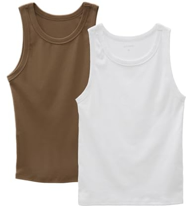 OCCIENTEC Camisola Mujer sin Mangas Ajustada Camiseta Básica de Algodón con Tirantes Tank Top con Cuello Redondo para Mujer Blanco y Caqui,L