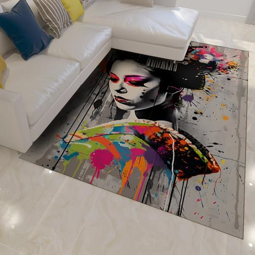 FEIPUHOME Art Abstrakte Teppiche im Graffiti-Stil Bunte Kunst flüssige Drucke rutschfeste Teppiche Schöner japanischer Geisha-Teppich für Korridordekoration 180x300cm