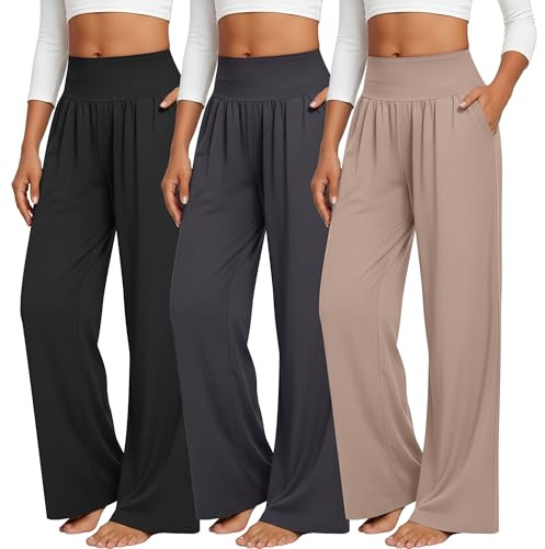 Neer Paquete de 3 Pantalones de Yoga de Pierna Ancha para Mujer Pantalones Cómodos para Estar en Casa con Bolsillos(XL,Black, Khaki, Graphite Heather)