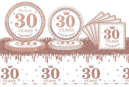 Aisszhao 53Pcs Rose Gold Tableware Set - 30th Birthday Table Cloth, Napkins, 7+9in Paper Plates - Anniversary Decor for Her 30th Birthday Party Supplies