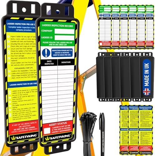 SAFETYKING® Ladder Tags, Ladder Inspection Tags, 10 Holders, 15 Inspcetion Insert Stickers, 20 Cable Ties, 1 Marker Pen, Ladder Tag kit with Cable Ties and Marker, Laddertag, Laddertags. (6)