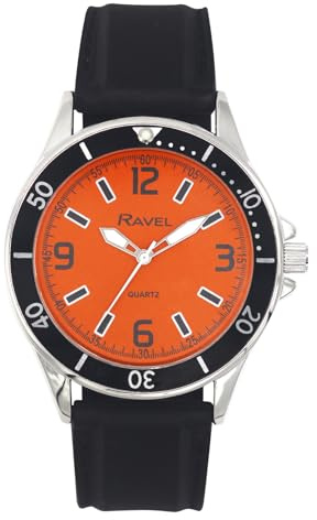 Ravel - Sportliche Herrenuhr mit Schwarzem Silikonarmband und Oberem Ring auf Silberfarbenem Gehäuse - Analoges Quarzwerk - RS002