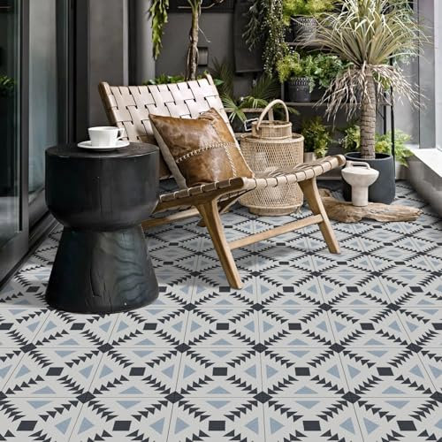 Alwayspon 12Pcs 30cmx30cm Black, White and Blue Waterproof Vinyl Flooring Self Adhesive Floor Tiles Sticker Peel and Stick Vinyl Flooring Planks for Kitchen Living Room and Bathroom Floor, PTF83