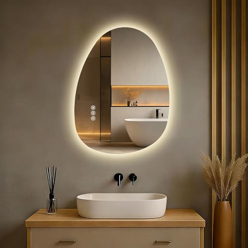 S'AFIELINA Badezimmerspiegel mit Beleuchtung 60 × 45 × 2,5 cm (H × B × T), Asymmetrischer badspiegel mit Beleuchtung, Anti-Beschlag, 3 einstellbare Lichtfarbe, Wandspiegel mit Touchschalter, IP44