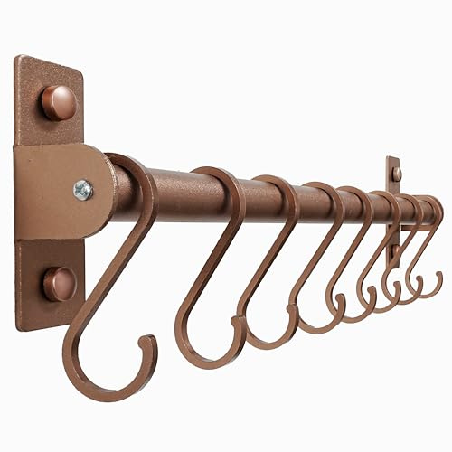 Dseap Kitchen Utensil Holder Hanger, Pot and Pan Rack Wall Mounted, Kitchen Rail with 8 Hooks for Hanging Cooking Utensils, Mugs, Spoons, Wall Mounted, Antique Copper New